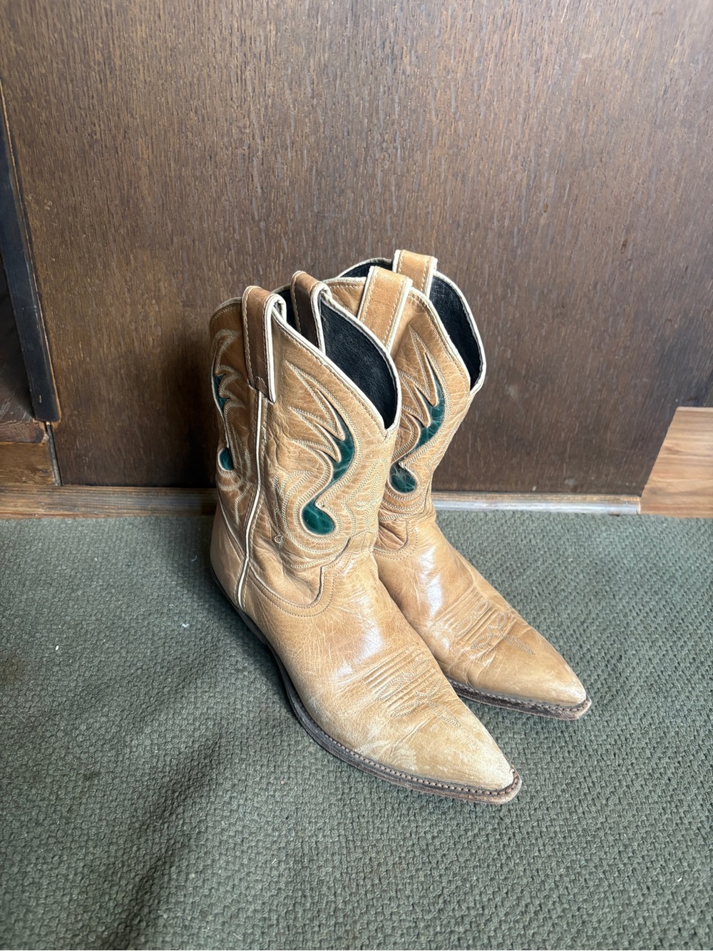 Code West Tan Leather Cowboy Boots with Green Inlay